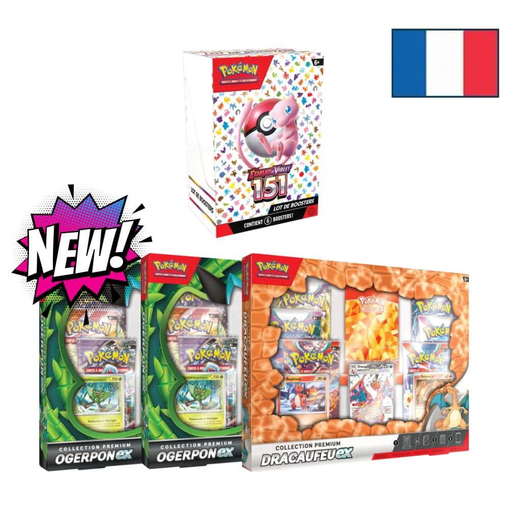 Pack: 1 Bundle Pokémon 151 + 2 Coffrets Ogerpon Ex Coffret Collection Premium Dracaufeu Ex - Fr